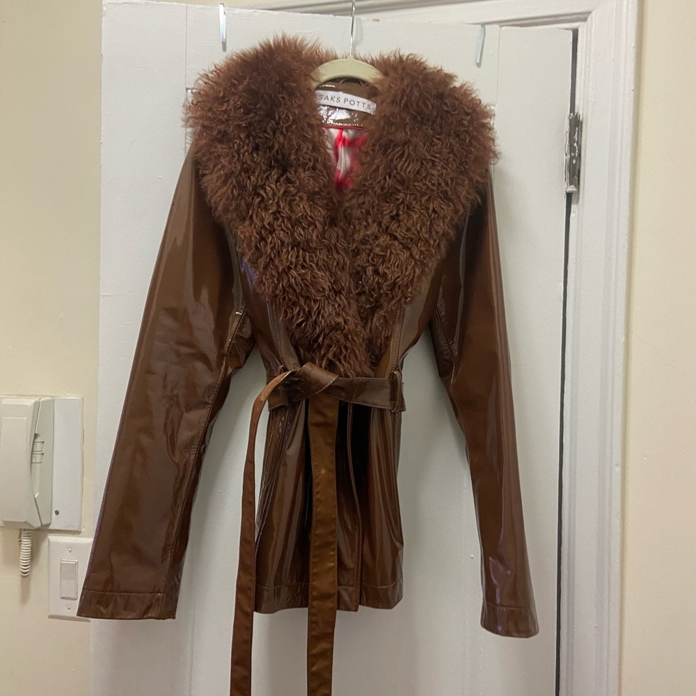 Saks Potts Brown Patent Leather Shearling Coat